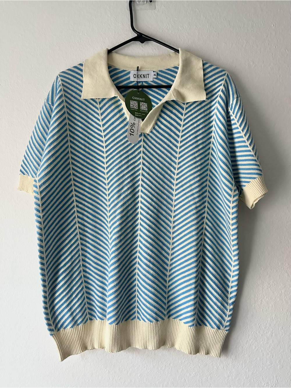 OXKnit Blue & Cream Striped V-Neck Polo knit Shirt - Men